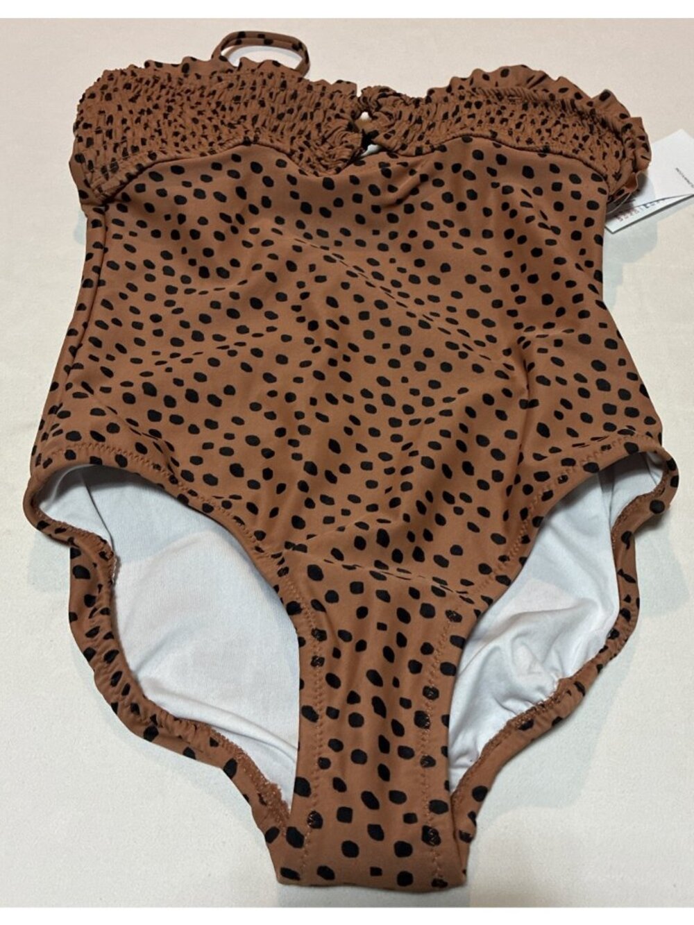 Old Navy Girls Smocked O-Ring One-Piece Swimsuit Brown Animal Print Size M 8 NWT